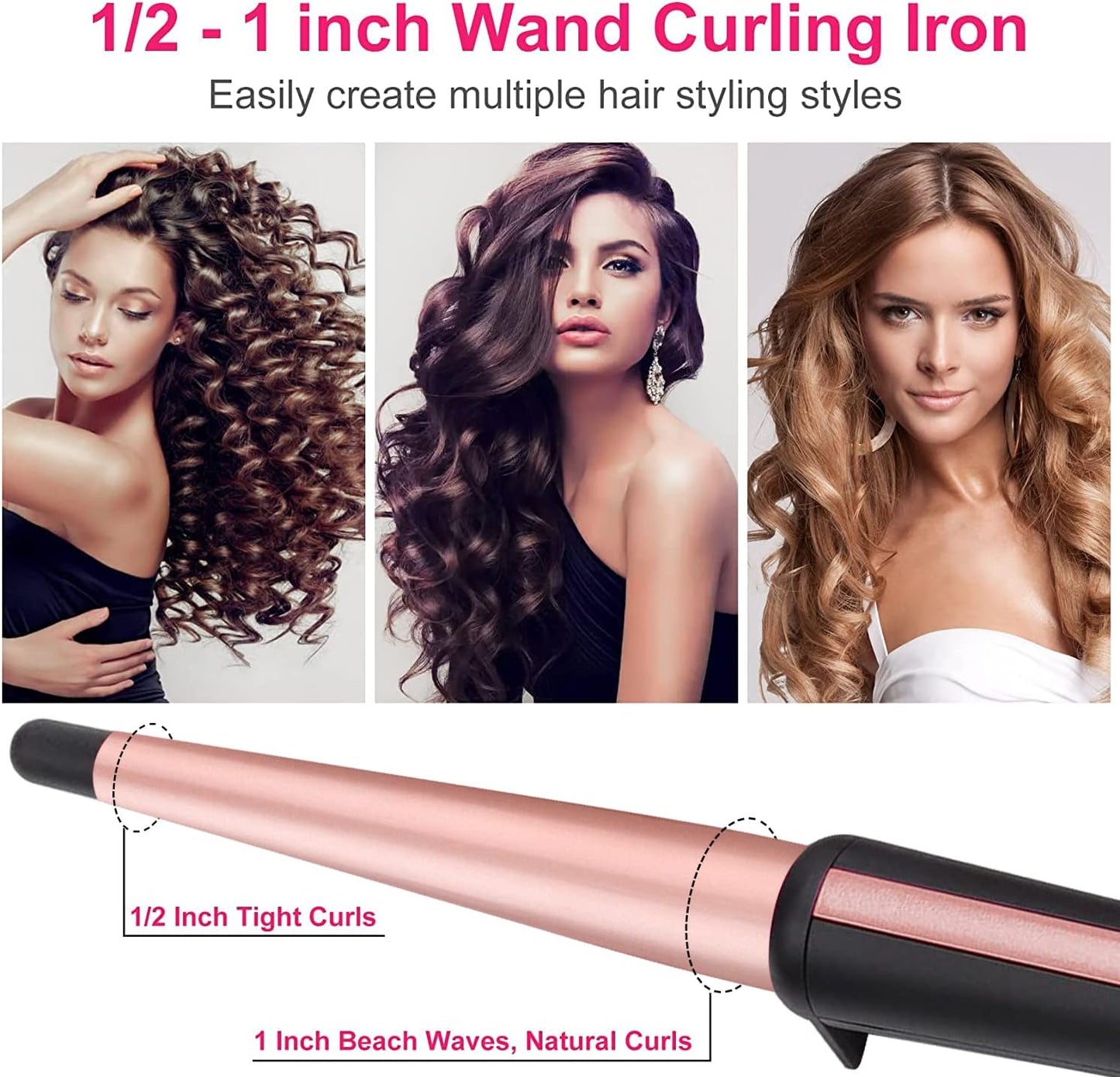 Professional Hair Curling Wand - 0.5-1 Inch Tapered Ceramic Curler with Heat-Resistant Glove | Dual Voltage Pink