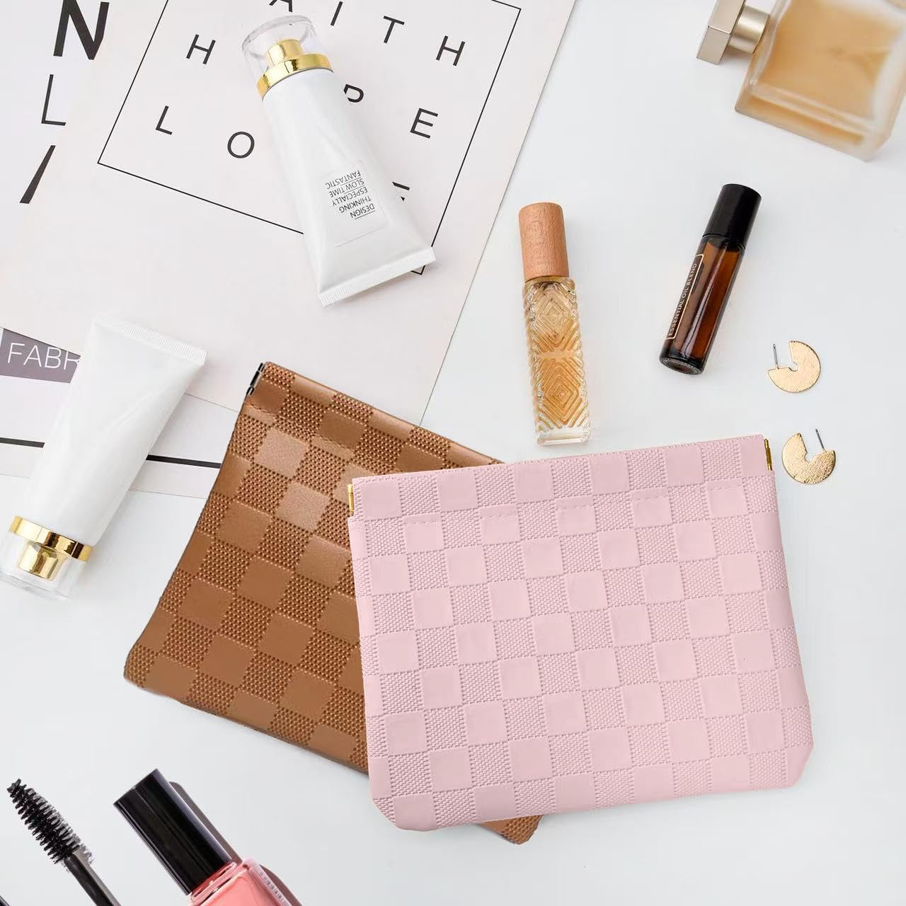 2-Pack Small Waterproof Checkered Makeup Bag - Portable Leather Travel Toiletry Bag Organizer with Snap Closure, Aesthetic Travel Storage Pouches for Women's cosmetic bag for purse (Pink&Brown)