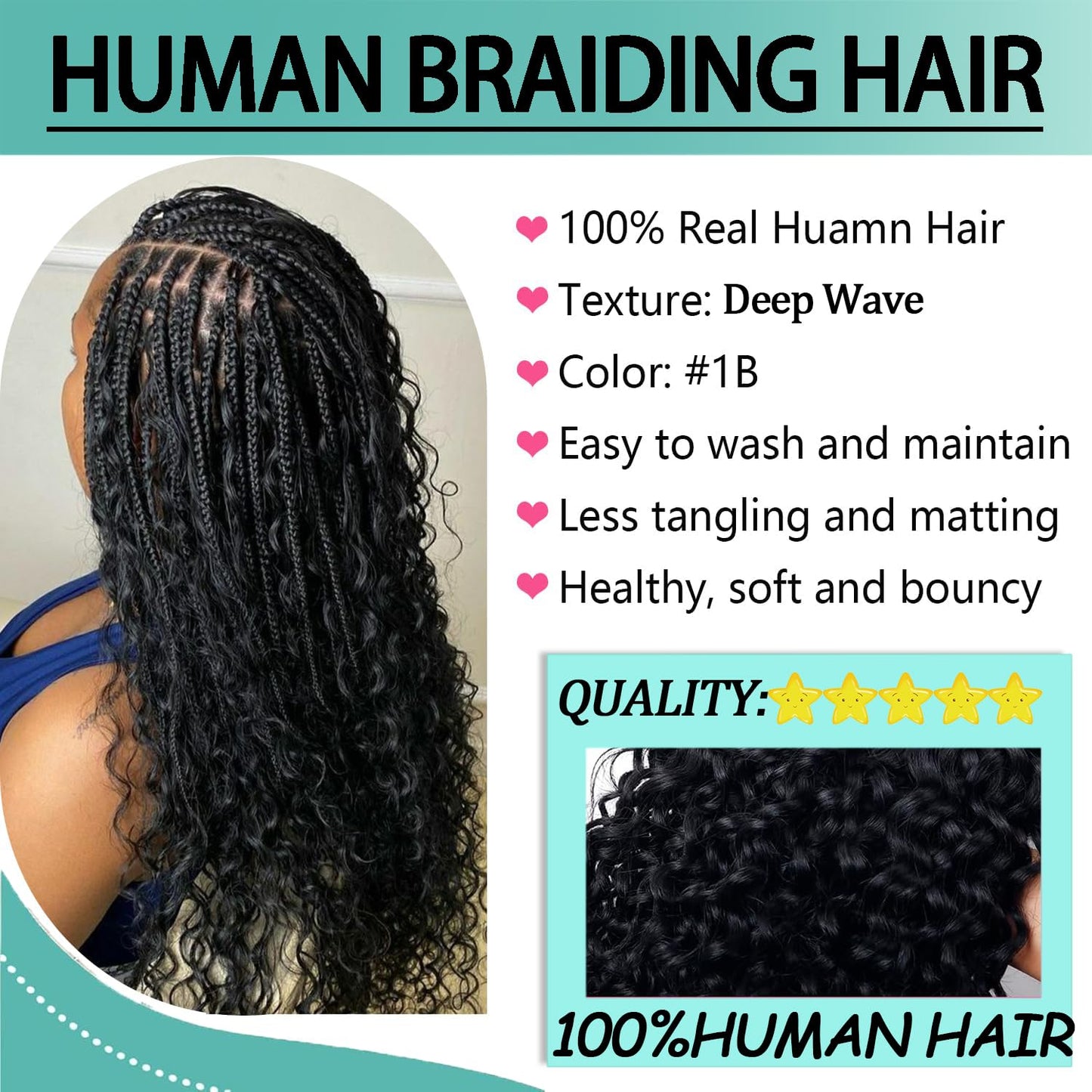 Human Braiding Hair for Boho Braids 100% virgin Human Hair 110g 20 Inch Curly Knotless 12A Deep Wave Bulk Bohemian Braiding Hair for 2 Bundles/Pack Extensions (1B-Natural Black-Deep, 20Inch)