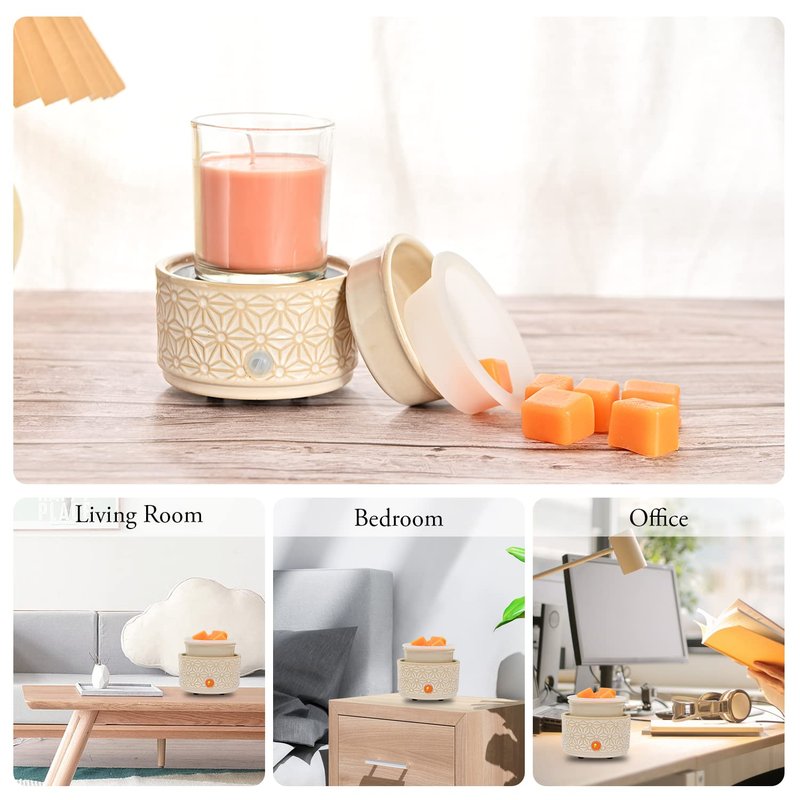 ASAWASA Candle Wax Melt Warmer with 1 pc Silicone Liner,Ceramic Wax Warmer,3-in-1 Candle Wax Melter and Fragrance Warmer for Warming(White Hexagon Pattern)