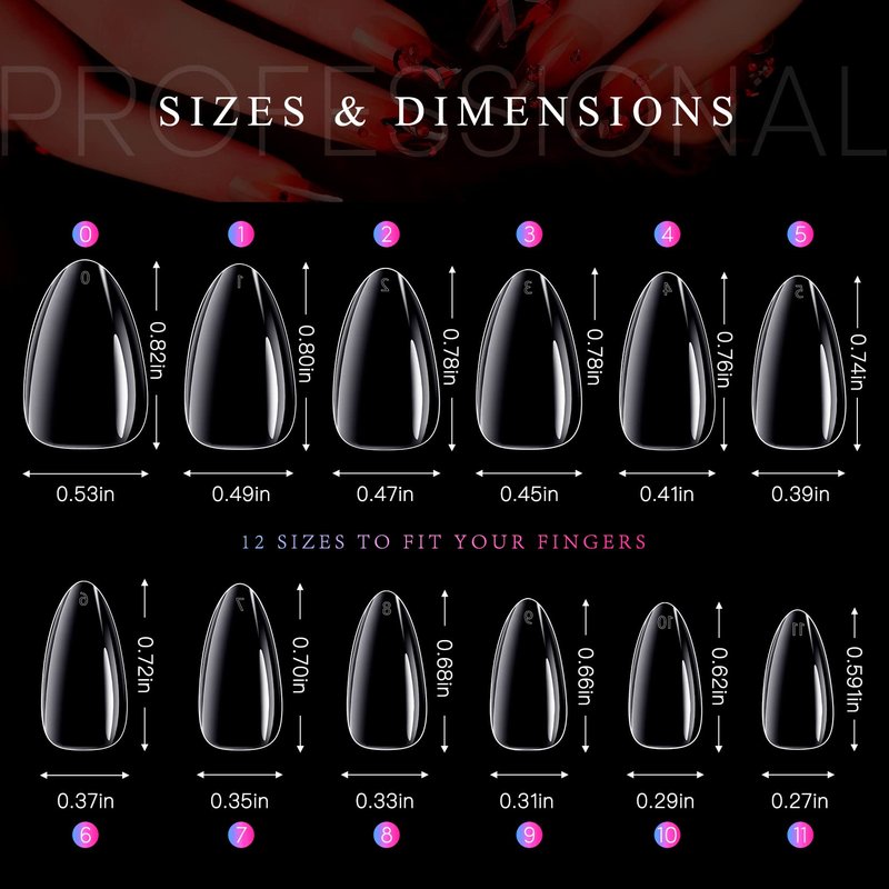 krofaue Almond Nails Tips - 240Pcs Clear Fake Tips 12 Sizes Soft Gel False Nails Full Cover Press on Nails Almond for Manicure Salon and Easy DIY Nail Extensions for Women