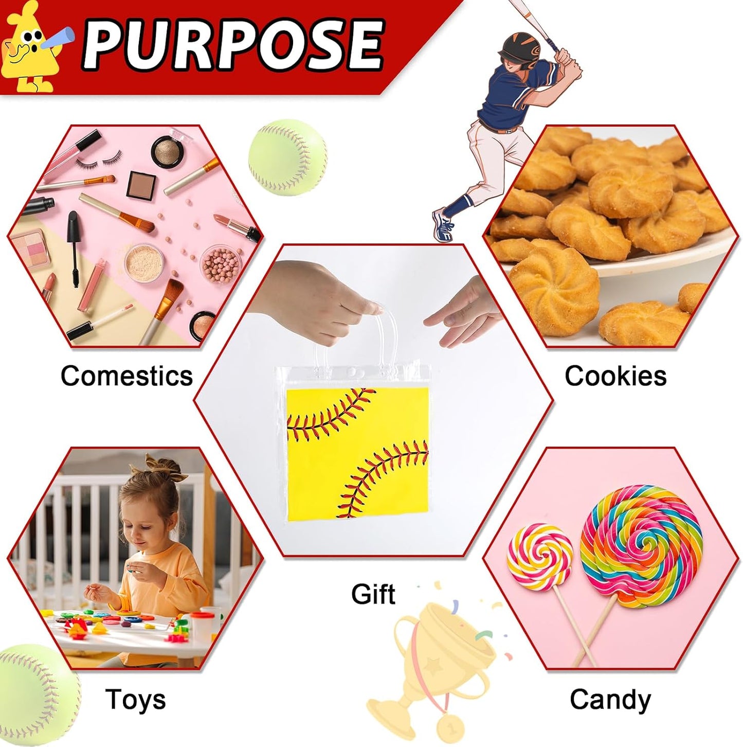 Softball Clear PVC Gift Bags - 24Pcs Sport Theme Goodie Treat Tote Bags | 8 x 8 x 3In for Boys Birthday Party & Baby Shower Decor