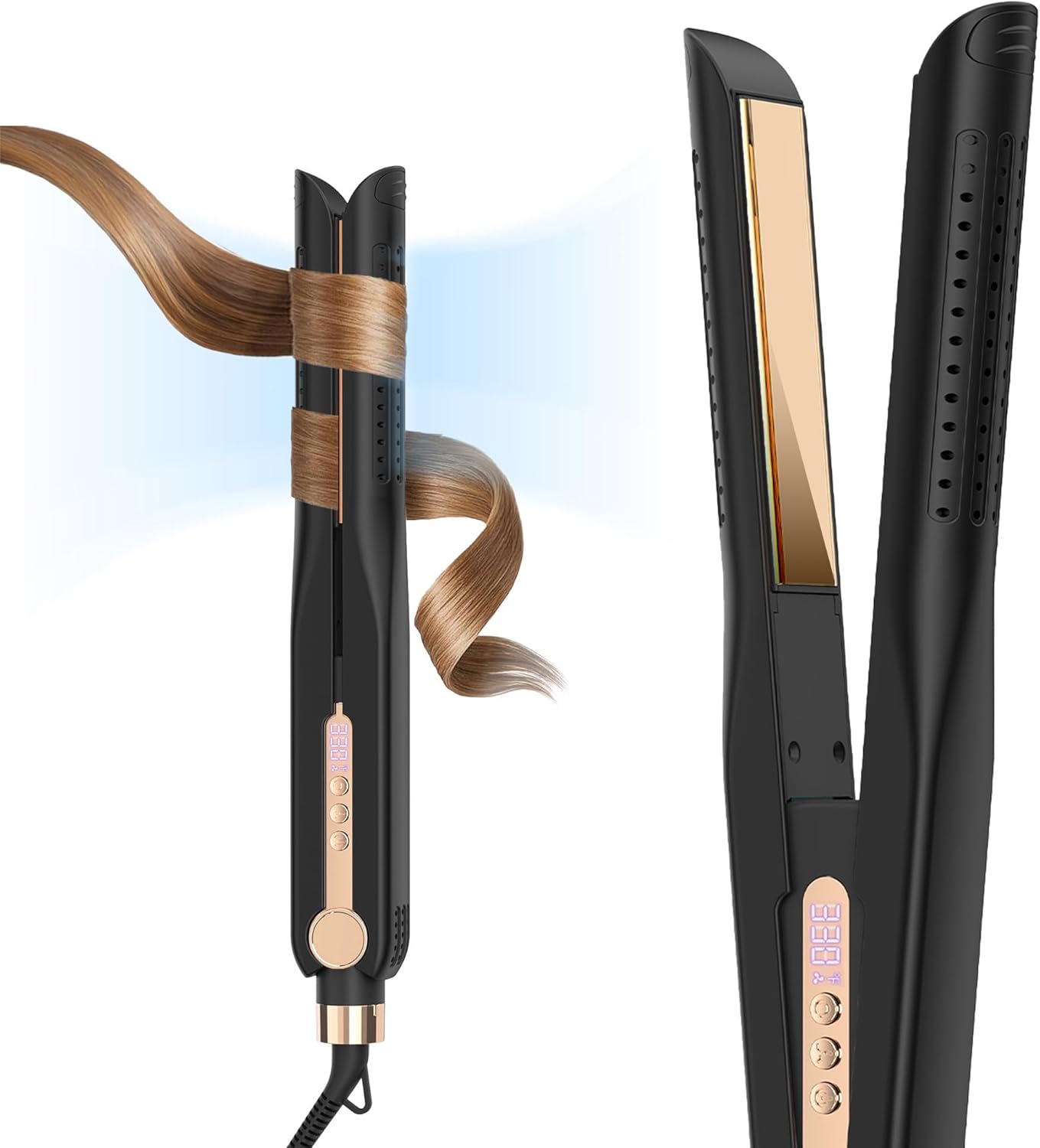 SKIMI Airflow Styler 2.0 - Titanium Flat Iron & Curling Wand with 96 Cool Air Vents | Dual Voltage, Anti-Tangle, 5 Heat Settings (Black & Champagne)