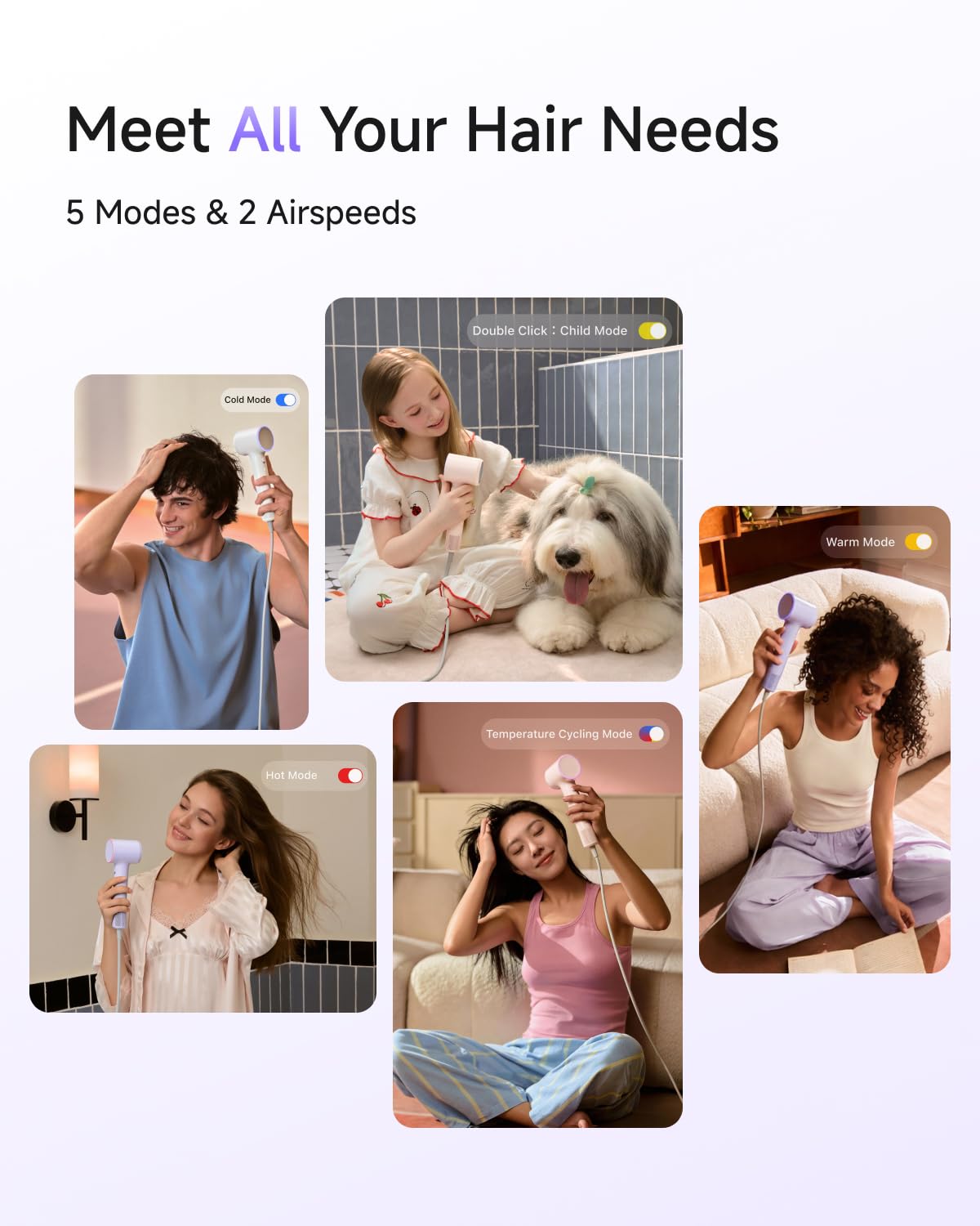 Laifen Air Hair Dryer, Lightweight and Palm-Sized Compact, 15× High-Speed Drying with 110, 000 RPM Powerful Motor, Smart Temperature Control, 200 Million Negative Ions, 5 Modes & 2 Airspeeds, Purple
