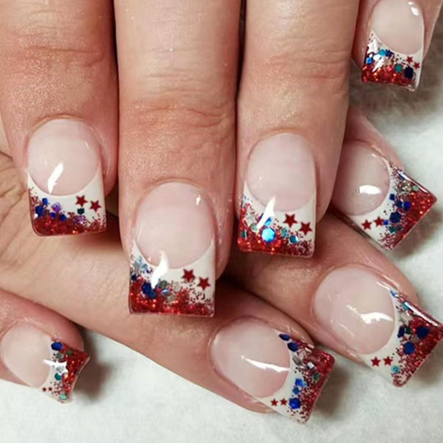 Independence Day Press-On Nails - Medium Square Glitter Acrylic Nails with American Flag Design | 24 Pcs Blue & Red