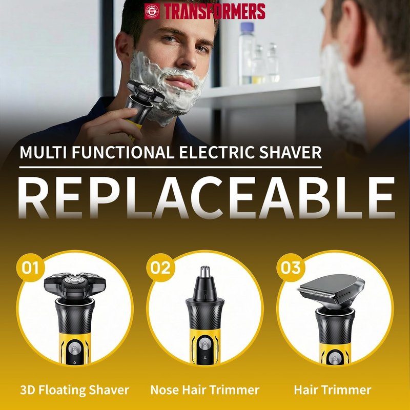 TRANSFORMERS Electric Razor for Men, 2-Speed Adjustable Shaver, IPX7 Waterproof, USB-C Fast Charging, LED Display, Smart Anti-Snag Beard Trimmer for Sensitive Skin, Mens Grooming Gift (Yellow)