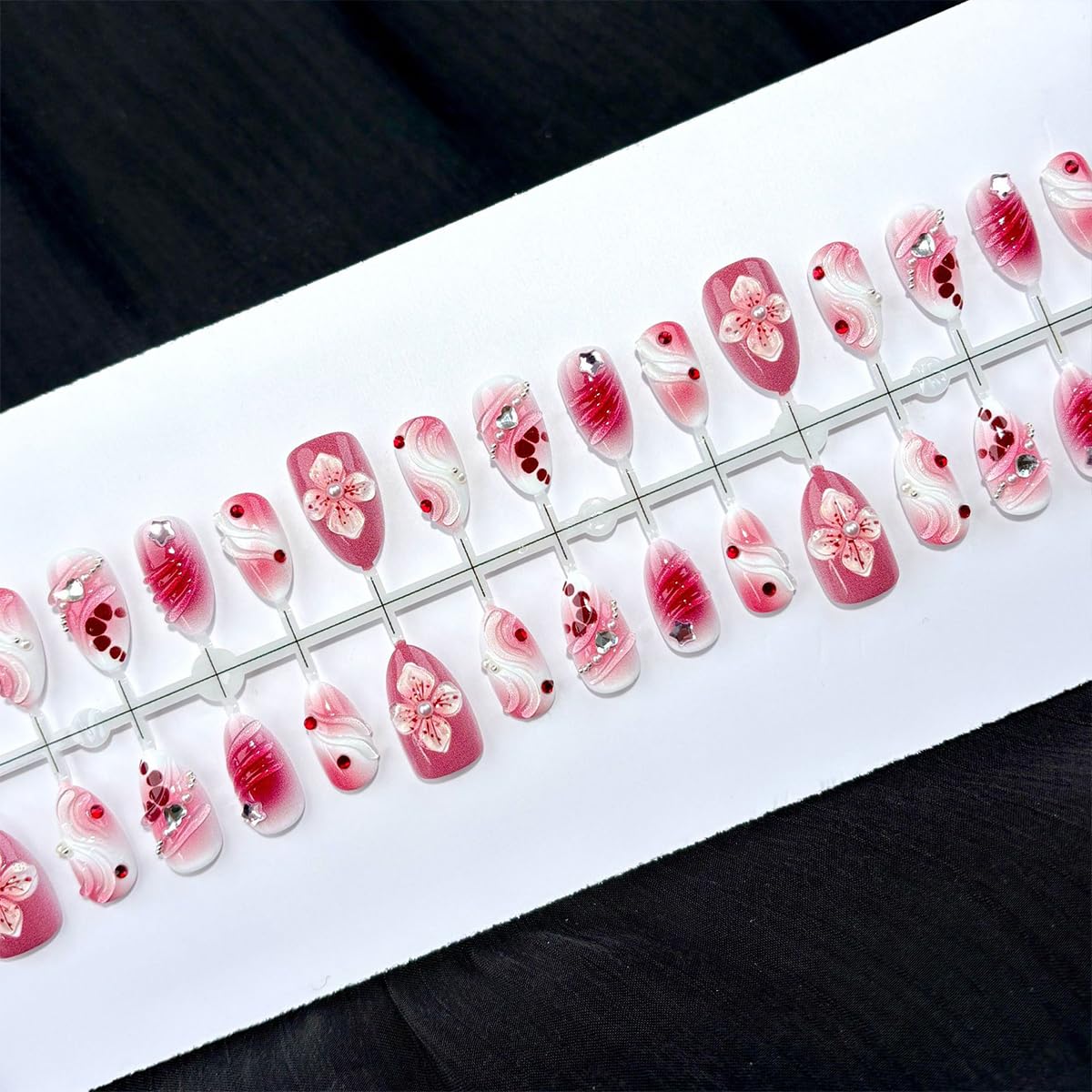 30Pcs Spring Flower Press on Nails Medium Almond Fake Nails Red Gradient Full Cover Glue on Nails Cute Floral False Nails with Pearl Gem Heart Rhinestones Design 3D Flowers Stick on Nail for Women