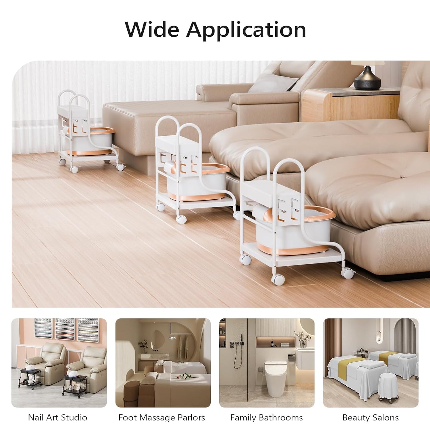Pedicure Cart - Adjustable Height Foot Bath Trolley with PU Cushion | Portable Nail Esthetician Cart for Manicure & Massage (White)