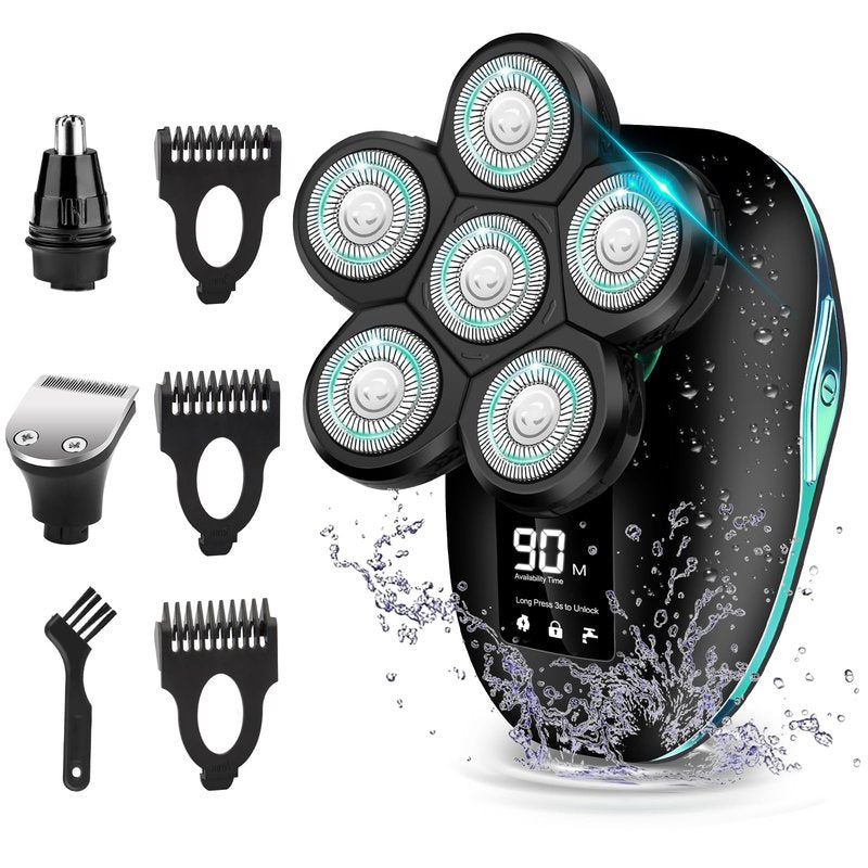 Electric Head Shaver for Bald Men, 6 in 1 Mens Electric Heads Razor Bald Head Shaver Cordless Razor Men, IPX7 Wet/Dry Waterproof Men's Rotary with Shavers Kit LED Display (Green)