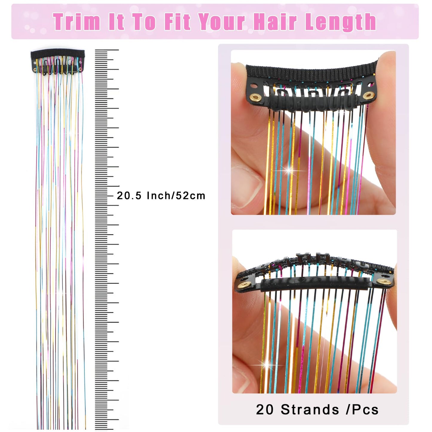 Nielp 18 Pcs Hair Tinsel Clip in, 20.5 Inch Glitter Tinsel Hair Extensions, Shiny Sparkling Fairy Hair Tinsel Clips, Dazzling Party Rainbow Hair Accessories for Girls Women Kids (Rainbow)