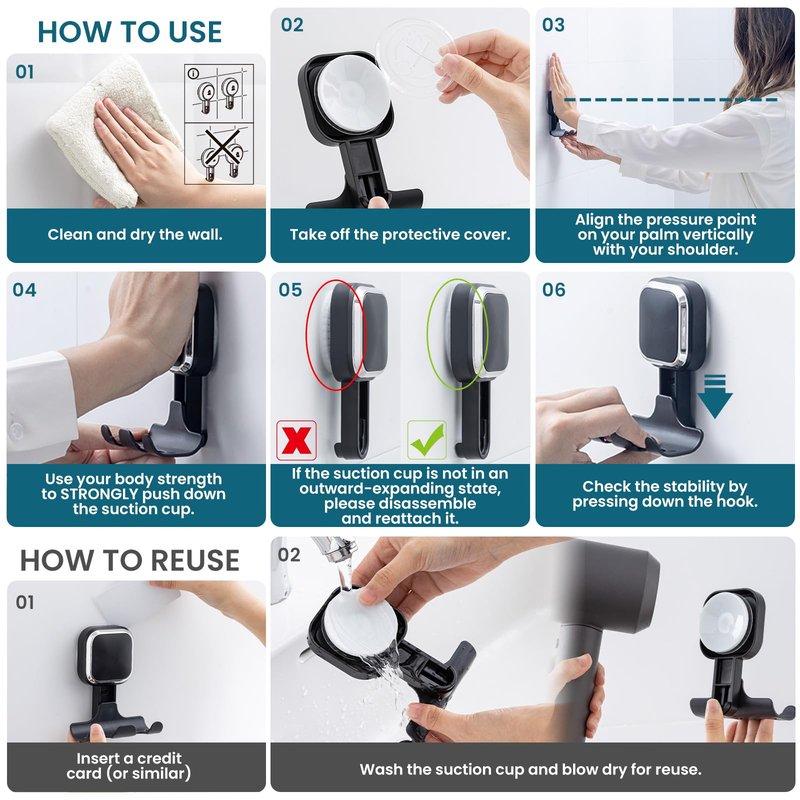 TAILI Suction Cup Razor Holder for Shower Wall 2 Pack, Versatile Suction Cup Hooks for Razor, Towel, Loofah, Squeegee, Cell Phone, Removable Damage-Free Hanging Shower Hook, Shaver Holder, Black