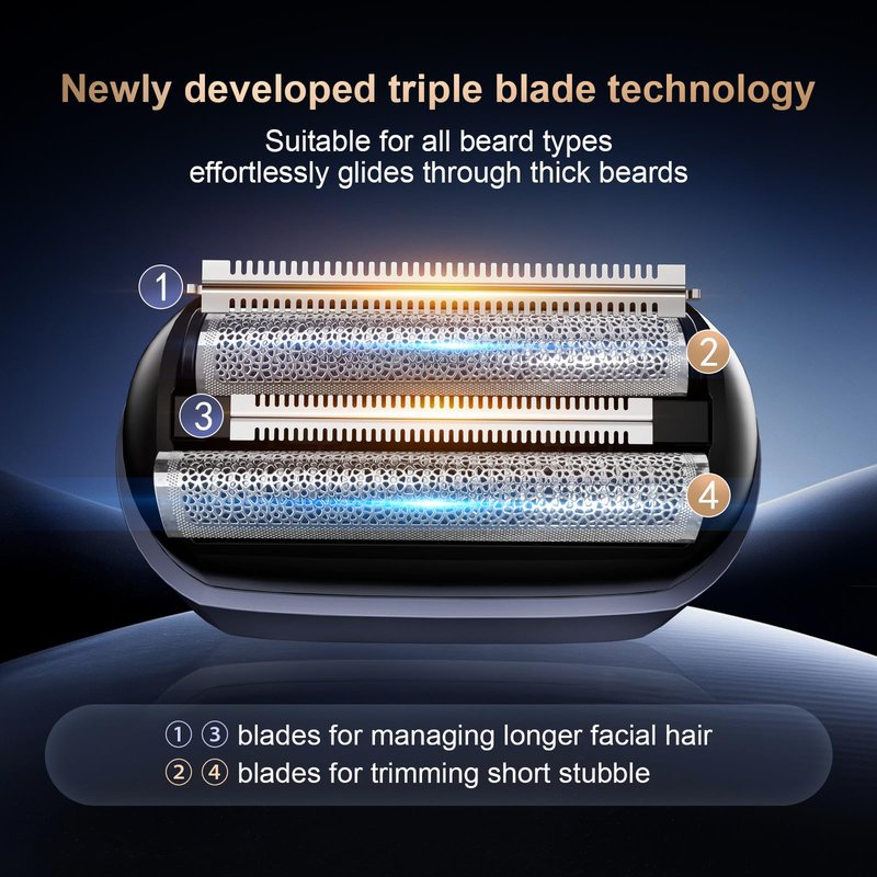 Electric Foil Shaver for Men:Triple Floating Blade Electric Razor for Face & Beard - IPX7 Waterproof Cordless Shaver with LED Display, USB-C Fast Charge & Travel Lock-Dark