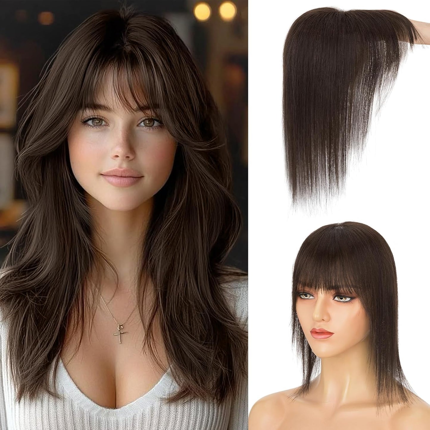 Human Hair Topper - 360° 3D Ultra Thin Clip-In Crown Piece for Thinning Gray Hair | 12 Inch Mocha Brown, 35 Grams