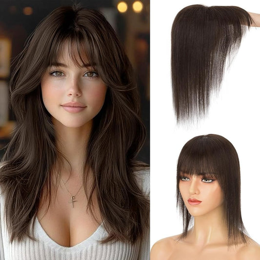 Human Hair Topper - 360° 3D Ultra Thin Clip-In Crown Piece for Thinning Gray Hair | 12 Inch Mocha Brown, 35 Grams