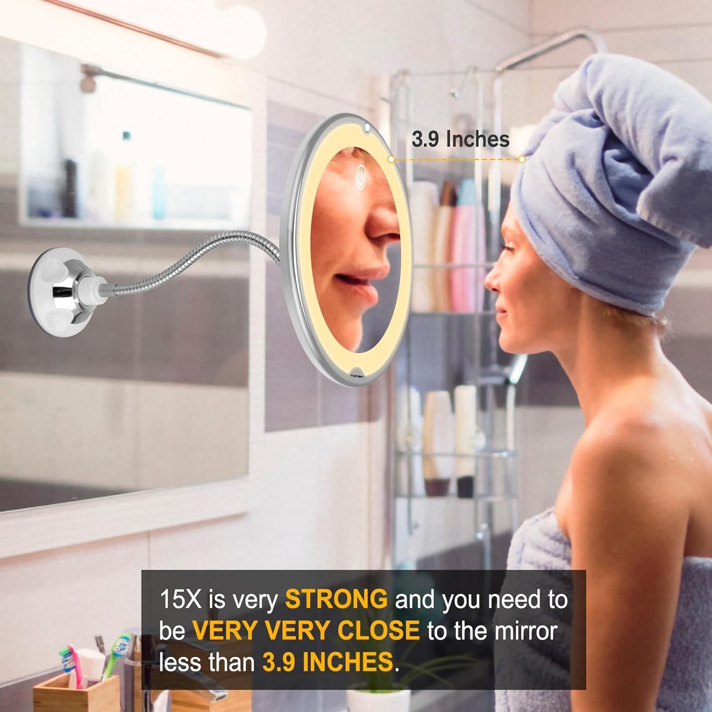 15X Magnifying Suction Mirror - Dimmable LED Vanity Mirror with Power Suction Cup | Portable for Home Bathroom (Large)