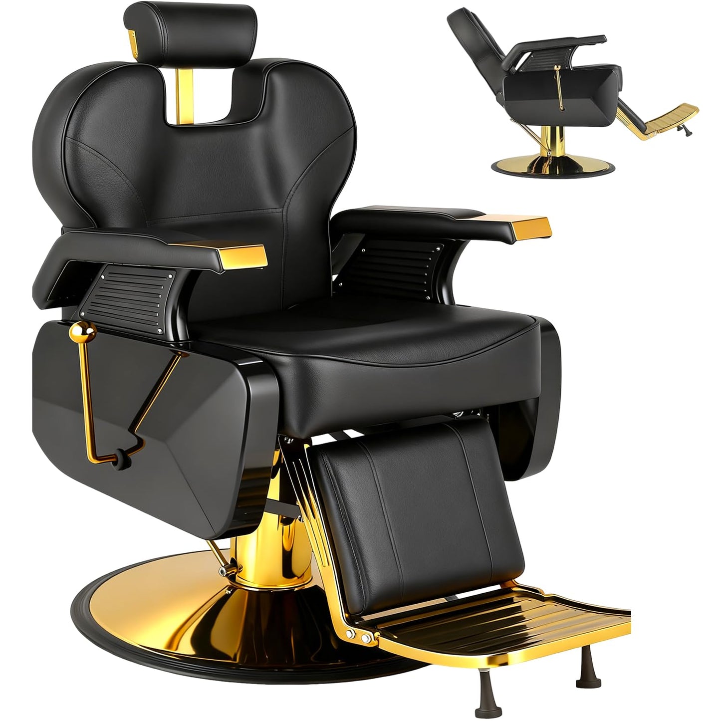 Black and Gold Barber Chair, Heavy Duty Hydraulic Reclining Barber Chair for Barbershop w/ Adjustable Headrest & Footrest, 360° Swivel Studry Frame barber Chair for home, Spa, Tattoo, Beauty Salon