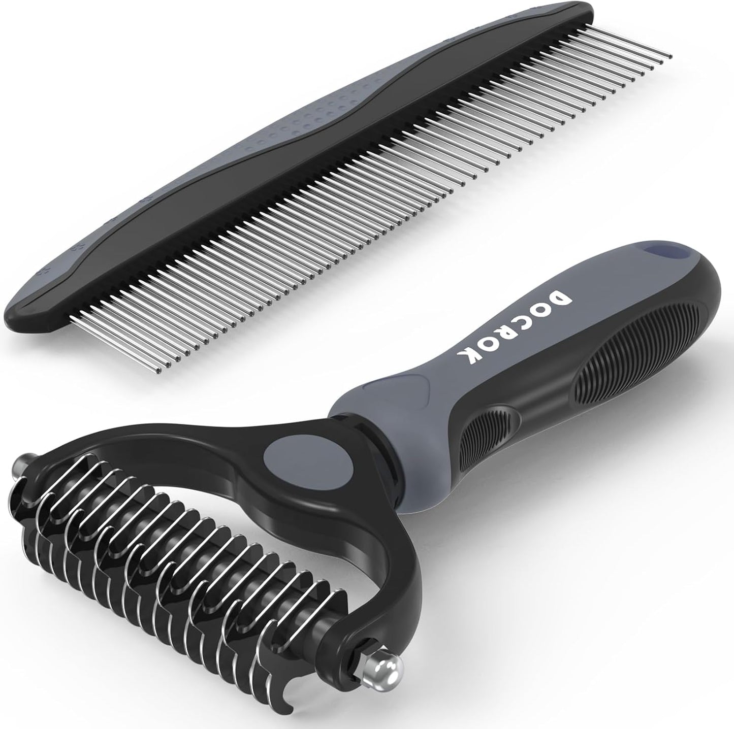 Pet Grooming Combo - Blue Deshedding Brush & Metal Comb for Detangling Long Matted Fur | Ideal for Cats & Dogs