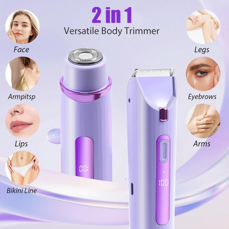 Bikini Trimmer for Women,2-in-1 Electric Shaver, Rechargeable Pubic Body Hair Trimmer Electric Shaver for Legs Body Hair,Dual Head Electric Razors Shaver, for Ladies Pubic, Face, Underarms, Legs