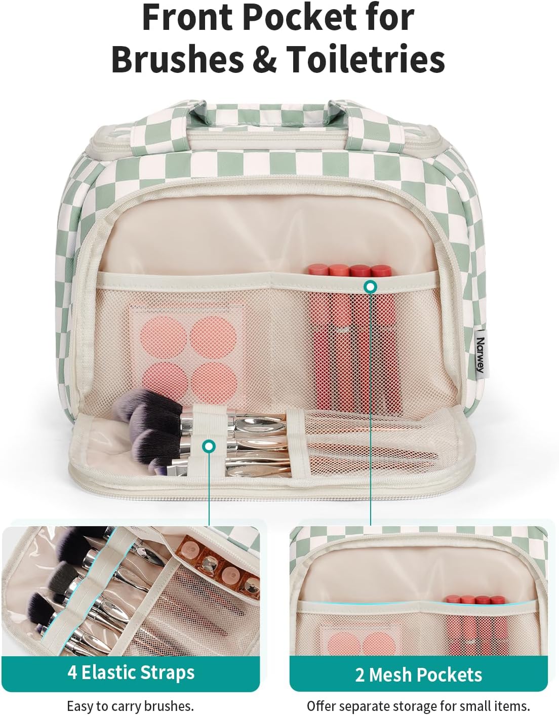 Checkered Travel Toiletry Bag - Large Makeup Organizer with Handle | Mint Green Checkerboard