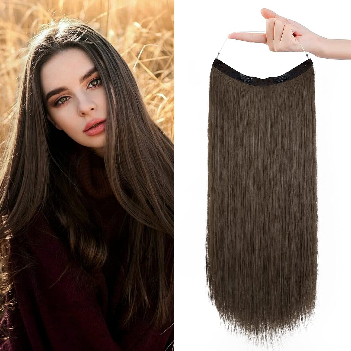 Invisible Wire Hair Extensions - Adjustable Transparent Headband with Secure Clips | Natural Black Hairpiece for Women