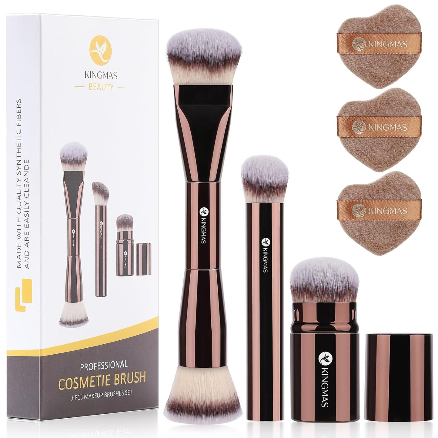 Makeup Brush Set - Kabuki Foundation & Concealer Brushes with Velour Puffs | 3 Brushes & 3 Puffs