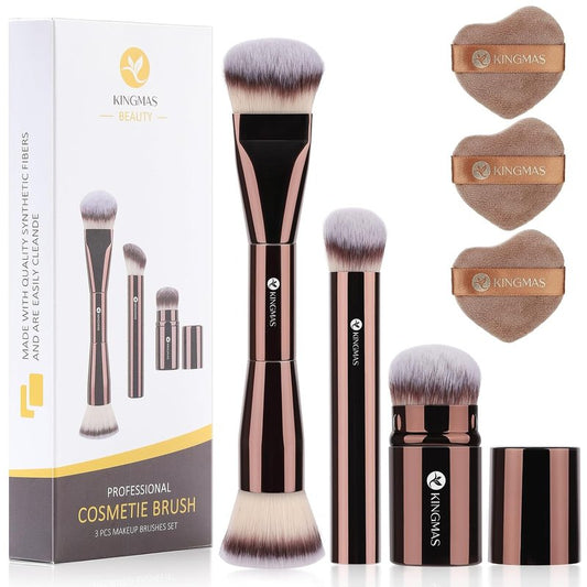 Makeup Brush Set - Kabuki Foundation & Concealer Brushes with Velour Puffs | 3 Brushes & 3 Puffs
