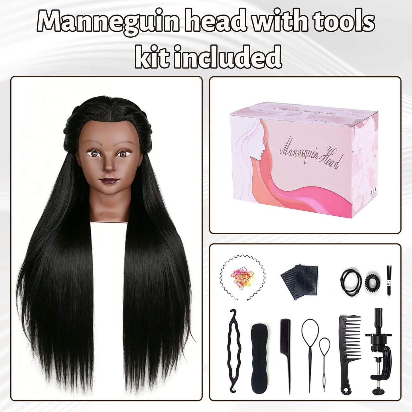 26'' Black Human Hair Mannequin Head for Cosmetology | Styling Doll with Clamp Holder & Tools Set