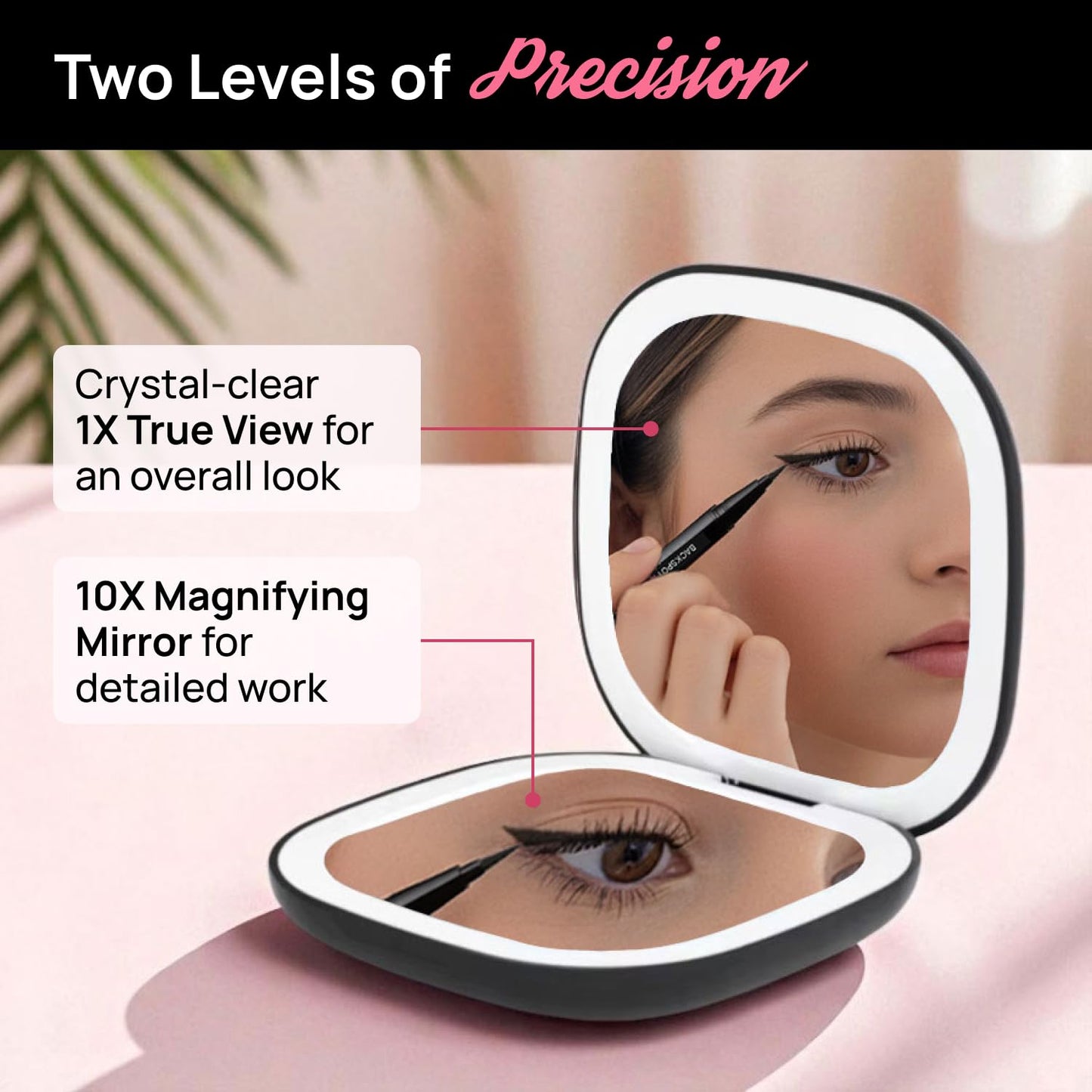 Full Out Glam Lux LED Lighted Compact Mirror | 1X + 10X Magnifying Makeup Mirror with Lights | USB-C Rechargeable & Dimmable for Detailed Touch-Ups