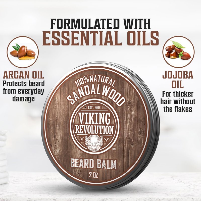 Viking Revolution Sandalwood Beard Balm - Beard Butter with Argan Oil, Beard Softener for Men with Jojoba Oil - Beard Moisturizer for Men with Beeswax - Beard Wax for Men (2oz, 1 Pack)