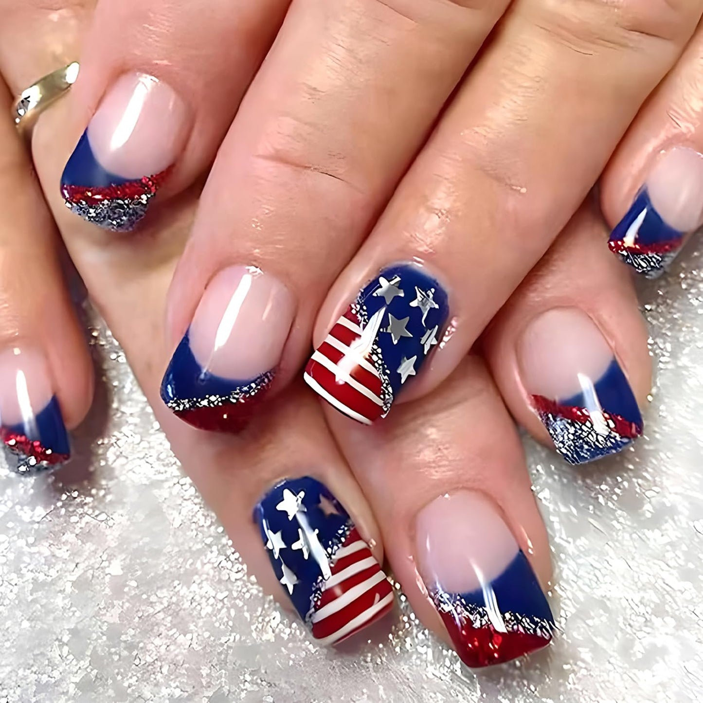 24Pcs 4th of July Press-On Nails - Medium Square Red, Blue & White Glitter Designs | Reusable Patriotic Acrylic Nails for Women