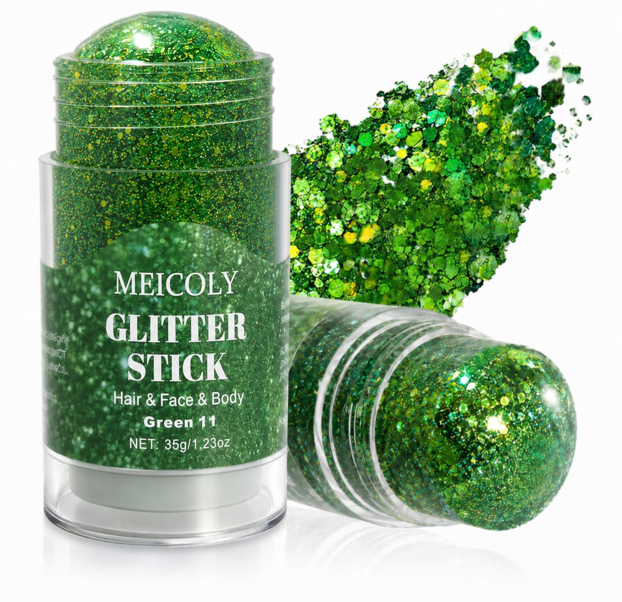 MEICOLY 1.23 OZ Waterproof Brazil Face Glitter Stick for Soccer Football,Green and Yellow Hair Glitter Stick for Women Rave Outfit Accessories,Brasil Green Gold Body Glitter St Patricks Day Alien