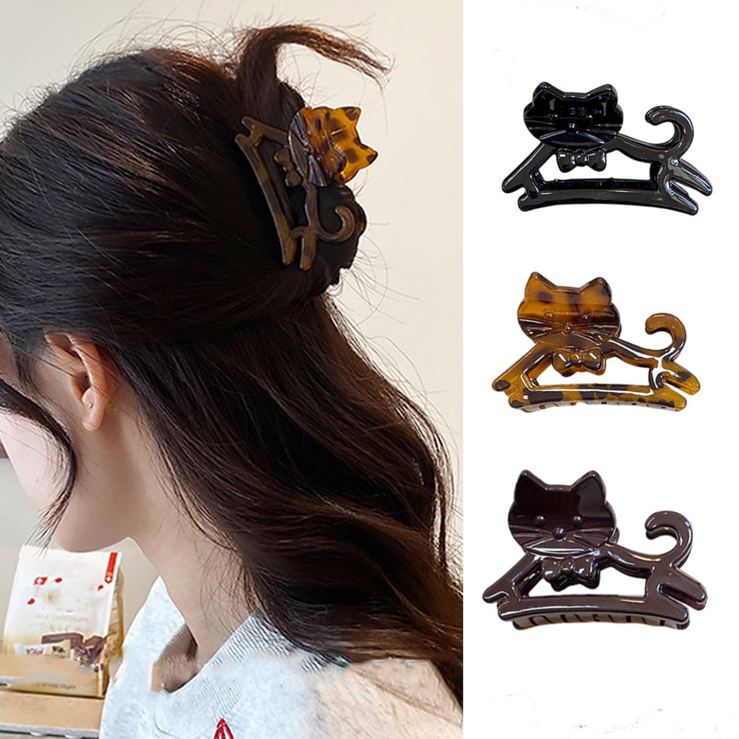 Retro Hair Clips - Cute Black Cat Hair Claw Clips with Rhinestones | 3-Piece Set for Short Hair