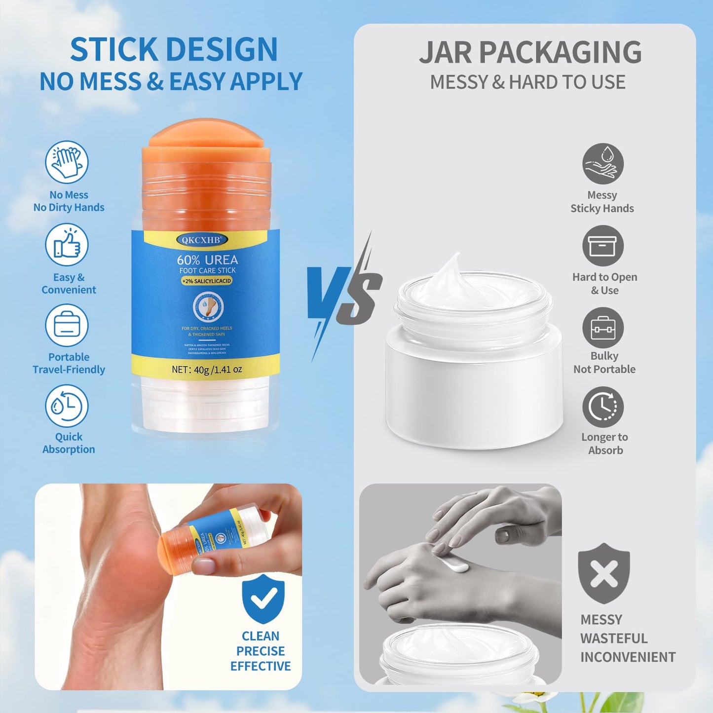 60% Urea Foot Cream Stick Plus 2% Salicylic Acid - Maximum Strength Callus Remover for Dry Cracked Heels & Feet - Touch-Free Exfoliating Moisturizer Bar for Rough Elbows, Knees & Sensitive Skin