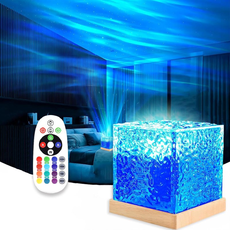 LEKEONE Ocean Wave Projector Light, 16-Color Luminorthe Cube Lamp and App Remote, 3D Holographic Water Ripple Romantic Ambient Lighting for Child's Room, Party, Night Light-4.4inch (Blue)