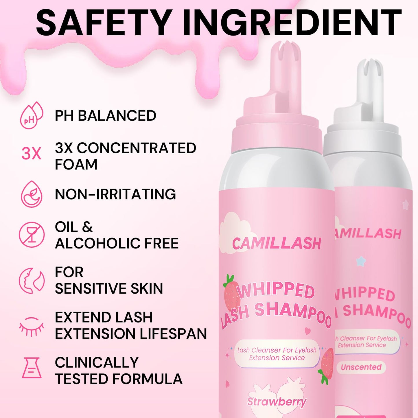 Whipped Lash Cream Shampoo Foam Cleanser | Eyelash Extension Cleaning Bath Kit | Salon & Home Use 100ml Strawberry Pink