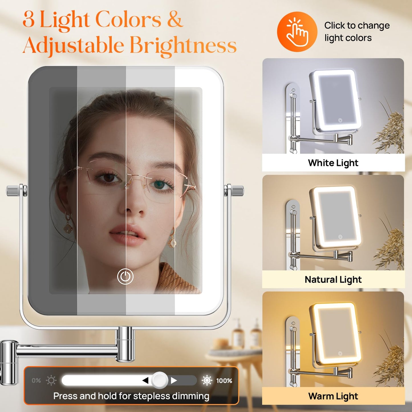 Gospire Height Adjustable Wall Mounted Lighted Makeup Mirror with Hooks, 3000mAh Rechargeable with 1X/10X Magnification, 3 Light Colors and Stepless Dimming for Bathroom