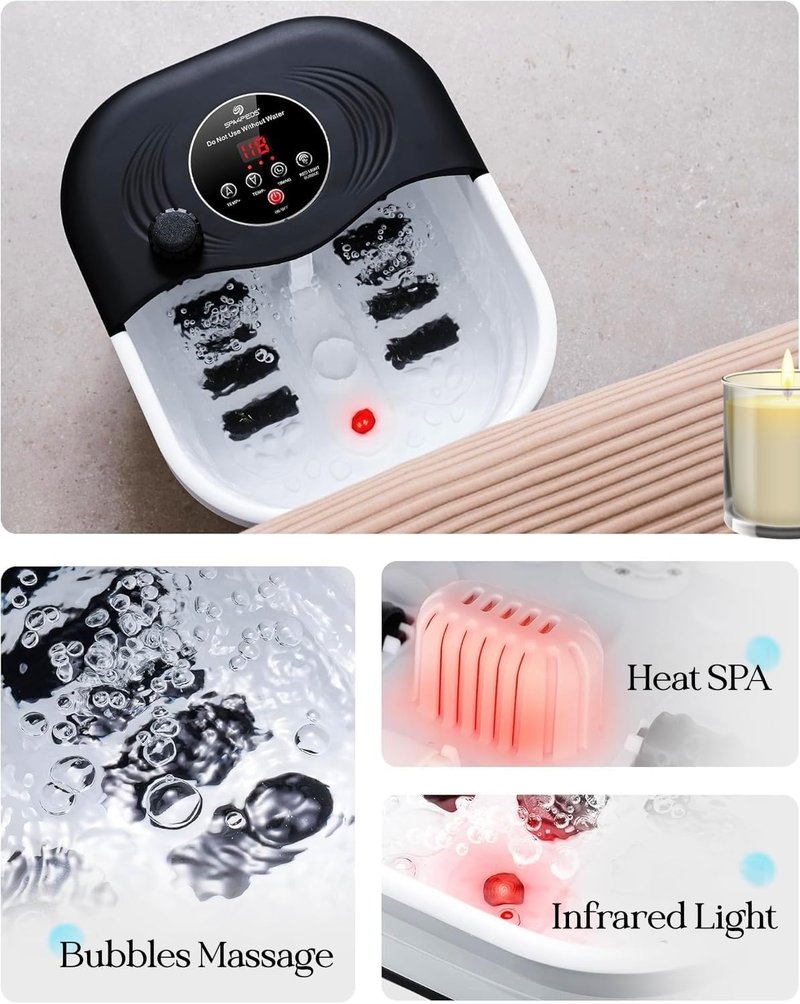 Collapsible Heated Foot Spa - Shiatsu Massage Bath with Red Light & Timer | 8 Rollers, Pumice Stone