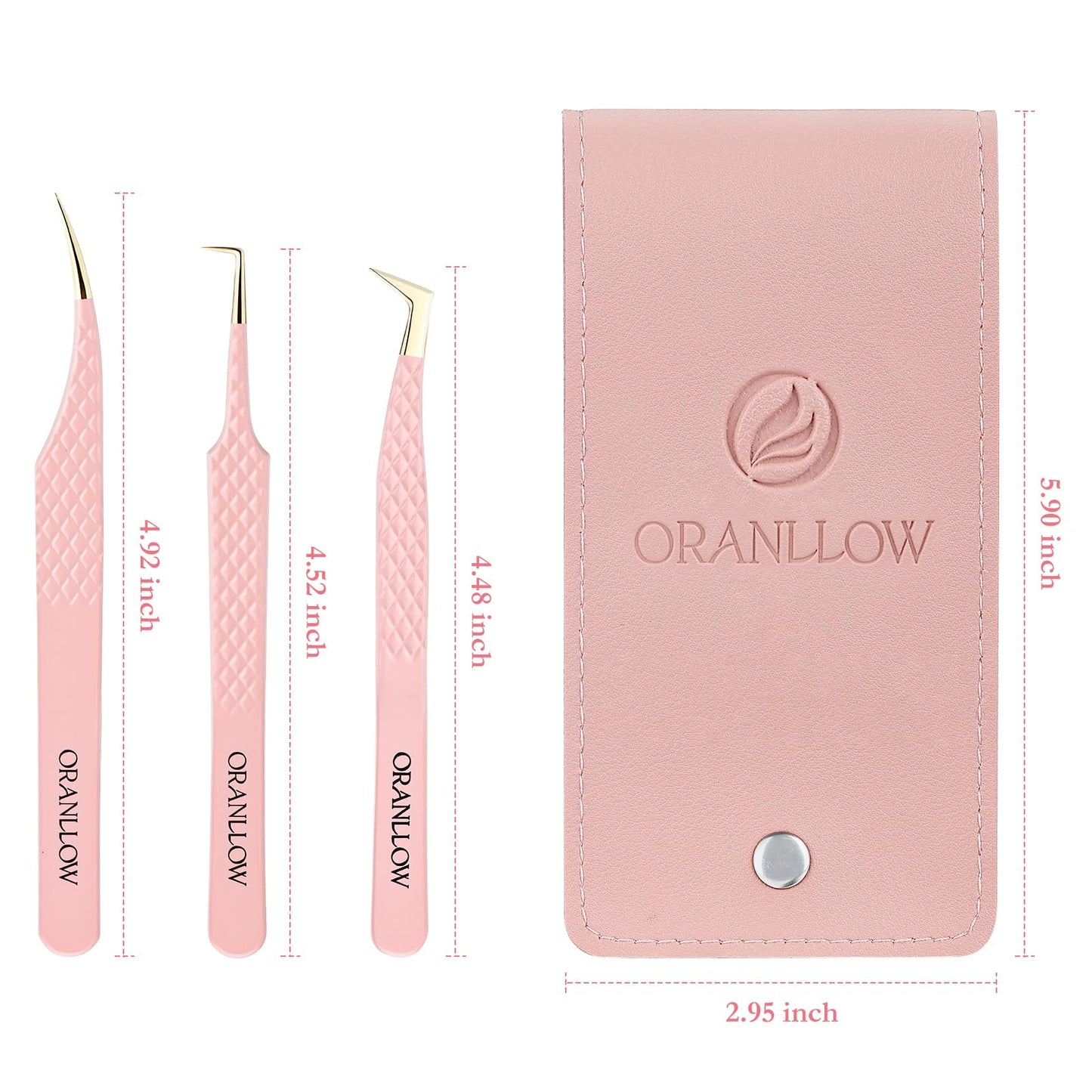 Oranllow Lash Tweezers Set for Eyelash Extensions - 3 Precision Fiber Tip Diamond Grip, Volume,L-shape Boot, 90 Degree Lash Tweezers for Volume Classic Lashes Premade Fans (3)