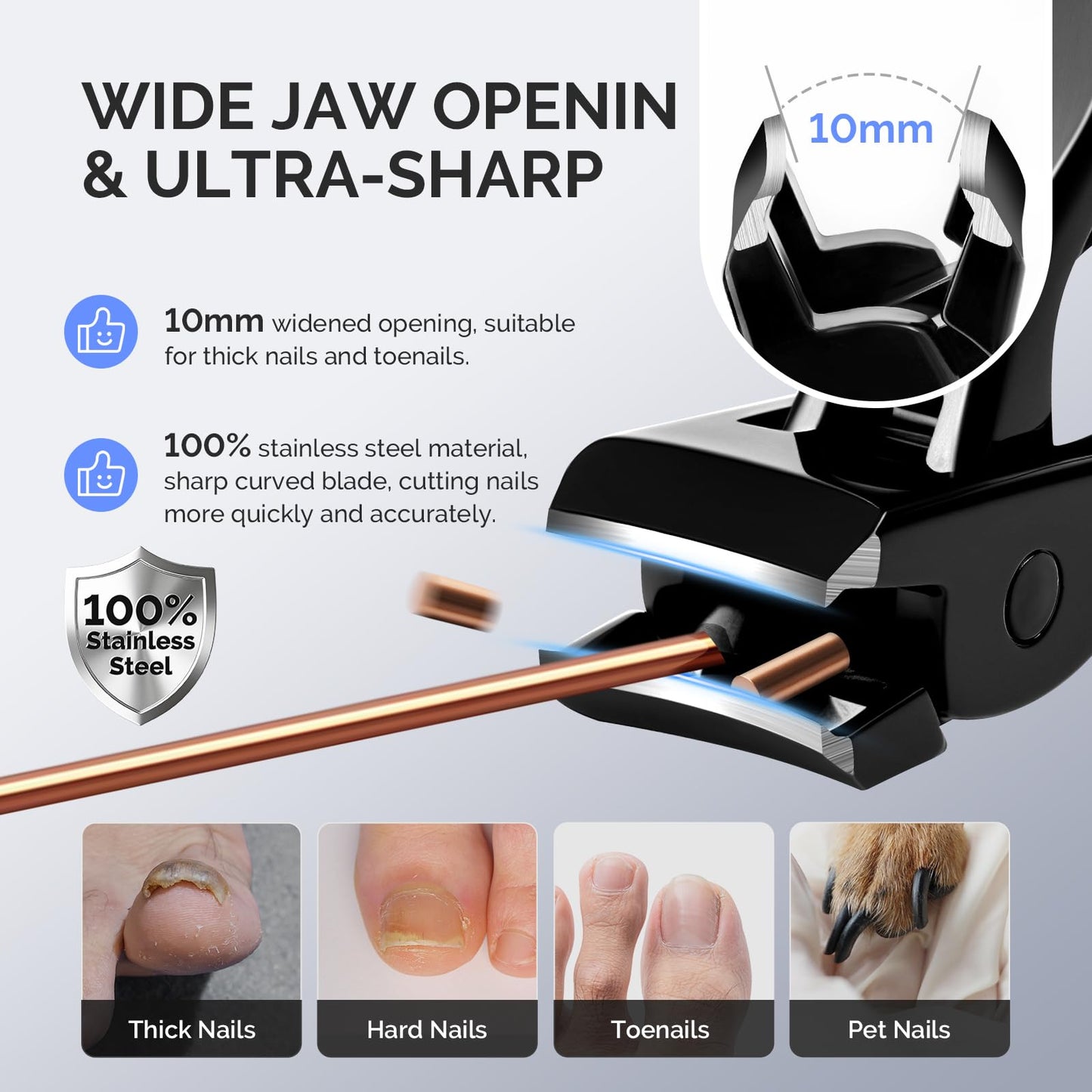 MelodySusie Wide Jaw Opening Nail Clippers, Toenail Clippers for Seniors Thick Nails, Angled Head Large Nail Clippers for Men Women with Nail File, Fingernail Cutter with Catcher Long Handle, Black