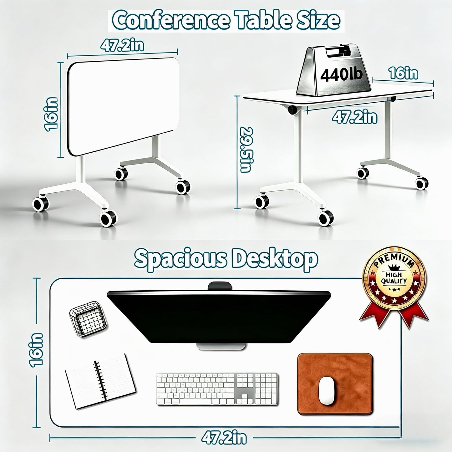 LDIW 6 Pack Folding Conference Table, Heavy-Duty Training Table with Wheels