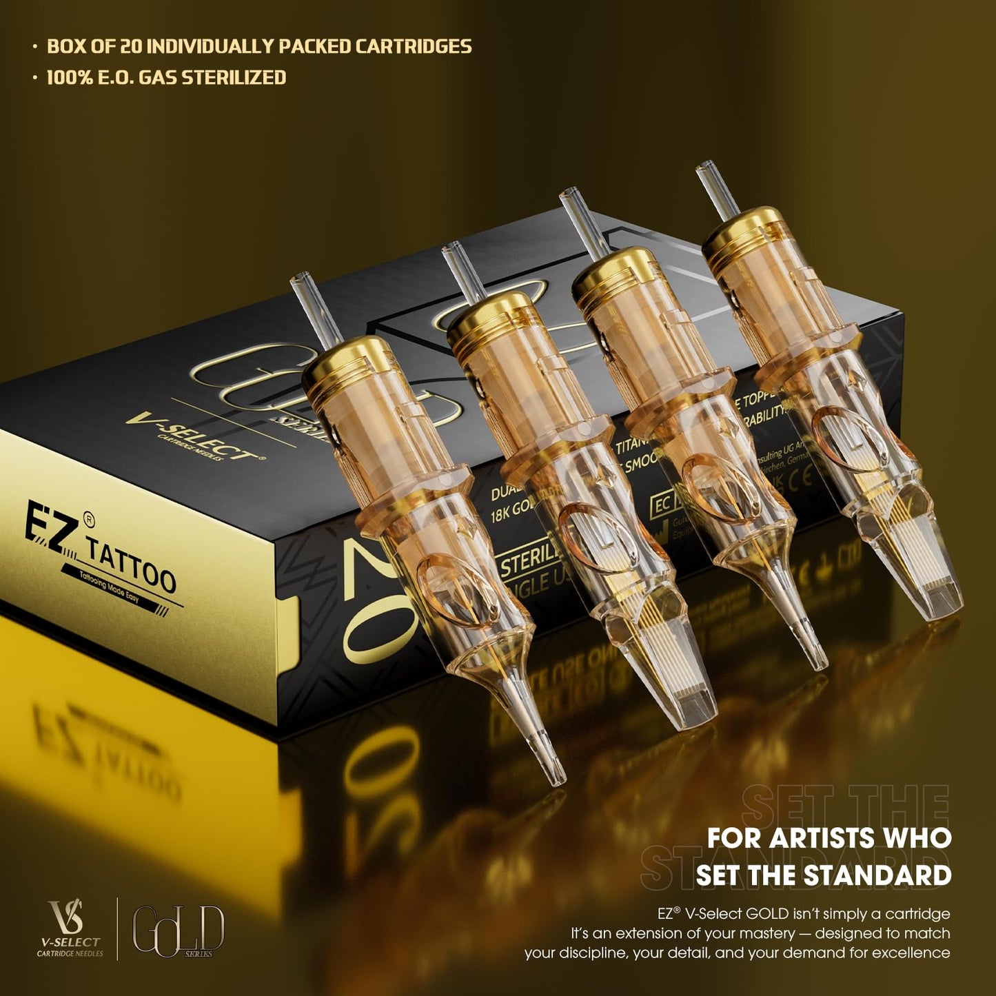 EZ Tattoo Cartridge Needles - 20Pcs Gold Outer Layer Titanium Core Needle Cartridge #12 (7RL) 0.35mm Standard Round Liner for Tattoo Gun Machine - V Select Gold Series