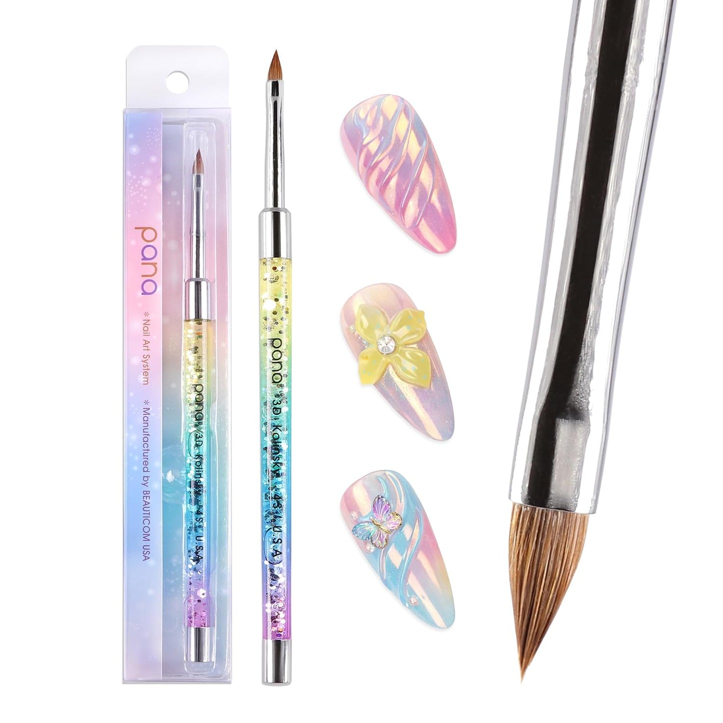 Kolinsky 3D Acrylic Nail Brushes - Liquid Glitter Handle for Professional Manicure | Rainbow Color, Size #4