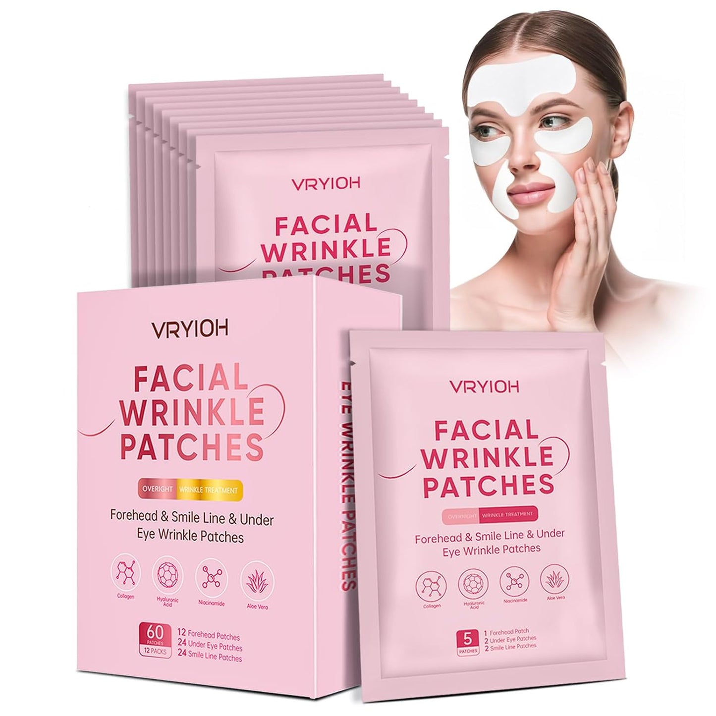 Facial Wrinkle Patches - 3 in 1 Collagen & Hyaluronic Acid Treatment | 60 Overnight Hydrogel Patches for Forehead & Smile Lines