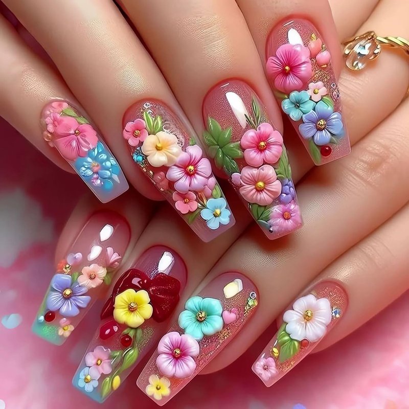 Flower Press On Nails - Medium Ballet Acrylic Nails with Green Leaf Design | 24PCS Full Cover Gel Fake Nails for Spring Manicure