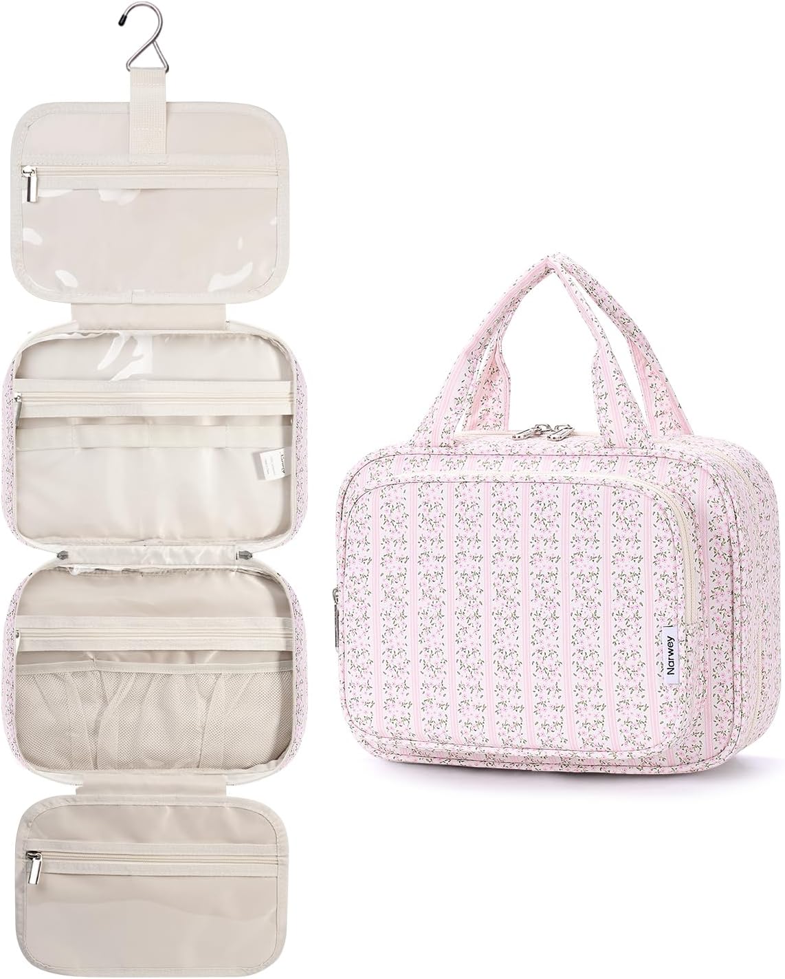 Narwey Hanging Toiletry Bag - Travel Makeup Organizer for Women | Medium Pink Flower Design