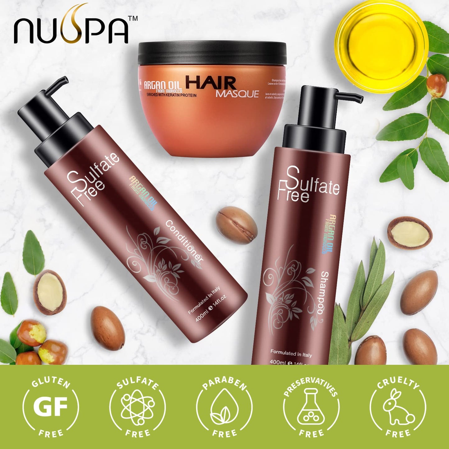 Nuspa Moroccan Argan Oil Hair Care Set - Sulfate Free for Damaged, Dry, Frizzy, Color Safe, Keratin Treated Hair with Long Lasting Shine