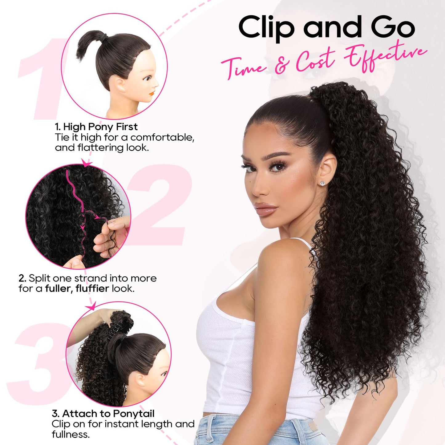 REECHO Ponytail Extension - 26" Long Curly 2-in-1 Claw Clip & Drawstring Ponytail Hair Extensions 100% Super Protein Pony Tail Hairpieces for Women - Golden Walnut