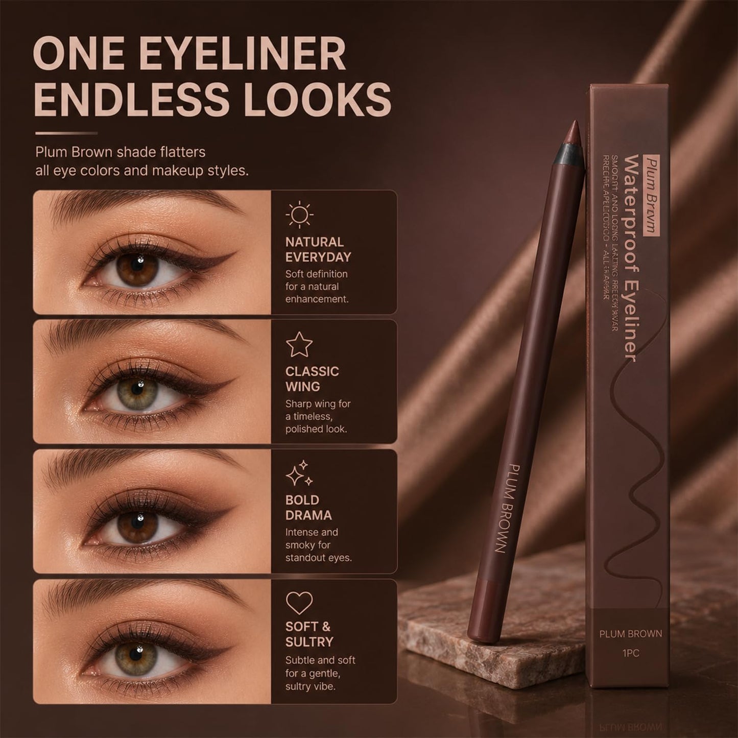Waterproof Eyeliner Pencil - Plum-Brown, Smudge-Resistant, Long-Lasting Cream Gel | Precision Eye Makeup Tool