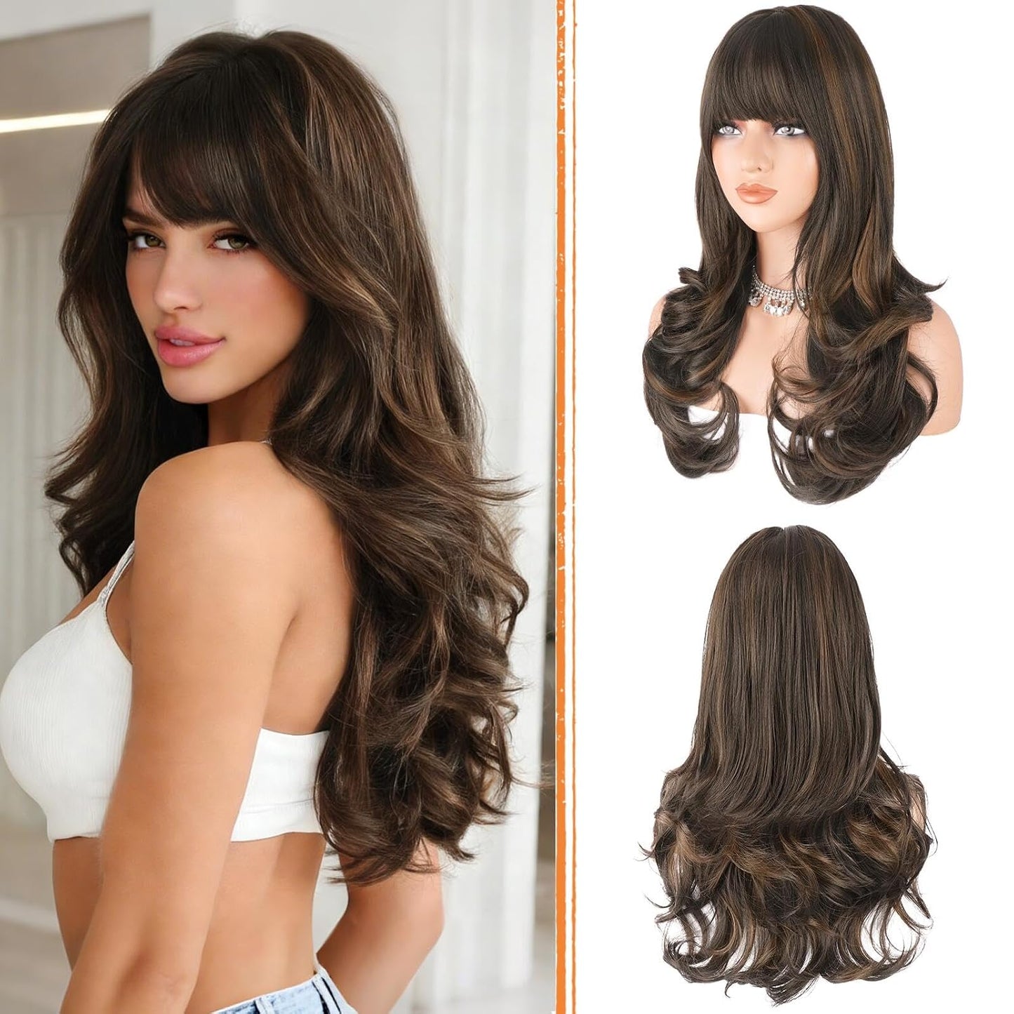 Blonde Wigs with Bangs - Long Wavy Layered Synthetic Hair Wig | Natural-Looking, Heat Resistant, 24 Inch for Daily Wear & Parties