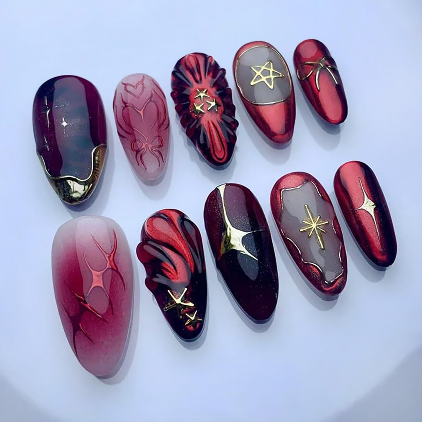 Blue Flower Press-On Nails - Medium Almond French Tip with Bow Design | Glossy Full Cover for DIY Manicure